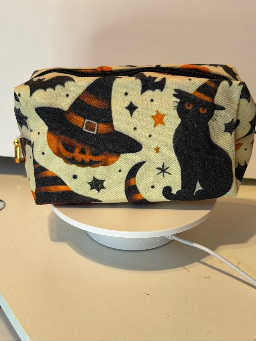 Halloween Cat & Pumpkin Cosmetic Bag - Black and Orange Canvas NWOT